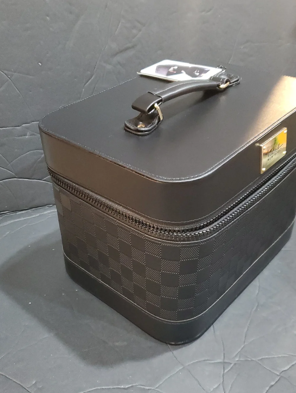 Nicole Miller black damier style large cosmetics beauty hard train case new